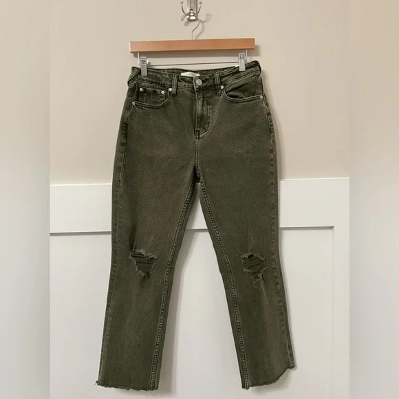 Cleo + Wolf Olive Green High-Waist Straight Crop Frayed Jeans Size 28/27 - Picture 3 of 10